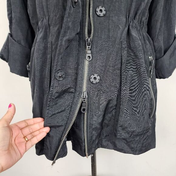 Black Hooded Trench Coat Lightweight Zip up Jacket Windbreaker Roll-tab Sleeve - Picture 12 of 16